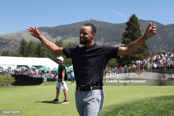 Stephen Curry of the NBA Golden State Warriors celebrates after winning the championship on Day Three of the 2023 American Century Championship at...
