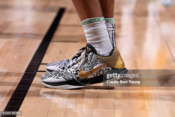 The sneakers worn by Sacha Killeya-Jones of the Los Angeles Lakers during the 2023 NBA Las Vegas Summer League on July 16, 2023 at the Thomas & Mack...