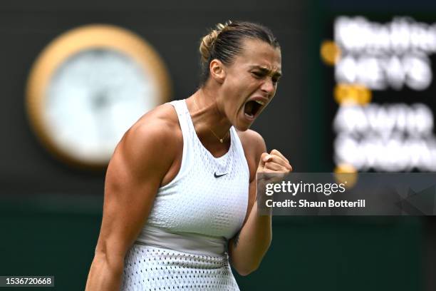 Aryna Sabalenka celebrates against Madison Keys of United States in the Women's Singles Quarter Final match during day ten of The Championships...