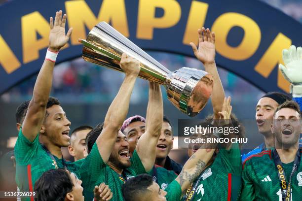 Mexico's players celebrate with the trophy after winning the Concacaf 2023 Gold Cup final football match against Panama at SoFi Stadium in Inglewood,...