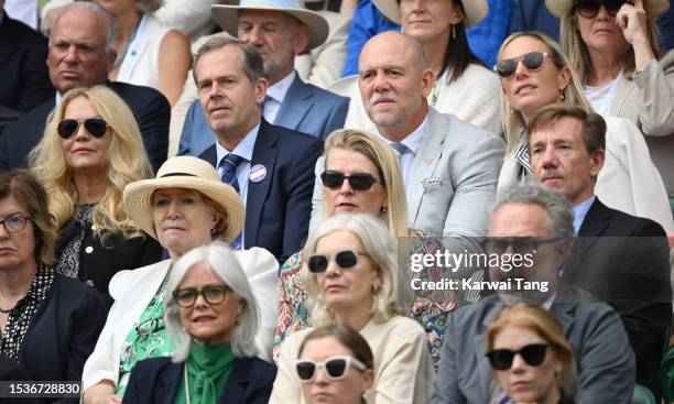 Annette Hjort Olsen, Stefan Edberg, Mike Tindall and Zara Tindall attend day ten of the Wimbledon Tennis Championships at the All England Lawn Tennis...