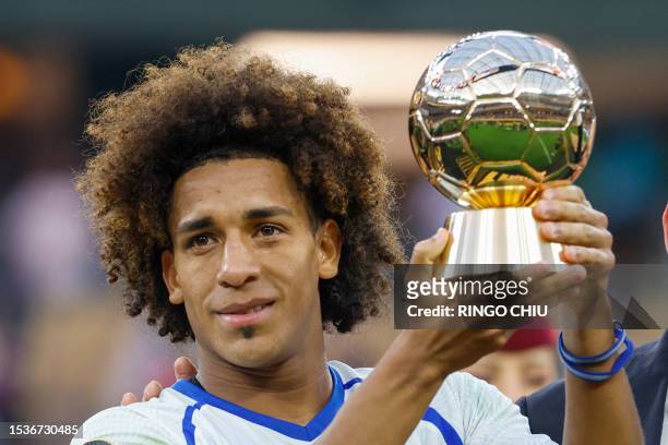 Panama's midfielder Adalberto Carrasquilla holds the Golden Ball after the Concacaf 2023 Gold Cup final football match between Mexico and Panama at...