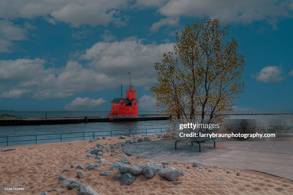Big Red Lighthouse in the Clouds