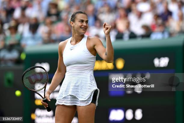 Aryna Sabalenka celebrates winning match point against Madison Keys of United States in the Women's Singles Quarter Final match during day ten of The...