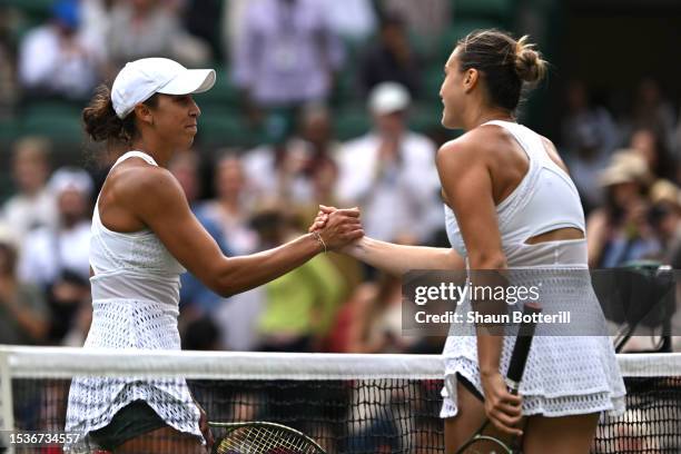 Aryna Sabalenka shakes hands with Madison Keys of United States following the Women's Singles Quarter Final match during day ten of The Championships...