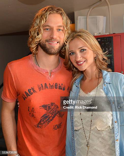 Casey James and Sarah Darling pose backstage during the CAA Party at IEBA Conference Day 2 at the War Memorial Audorium on October 8, 2012 in...