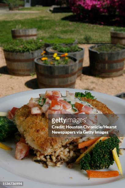 Pesto and panko encrusted red snapper is a featured dish at Taverna Winery & Restaurant in Conroe. Marigolds, oregano, mint, spearmint, English...