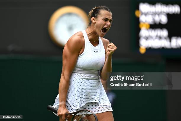 Aryna Sabalenka celebrates against Madison Keys of United States in the Women's Singles Quarter Final match during day ten of The Championships...