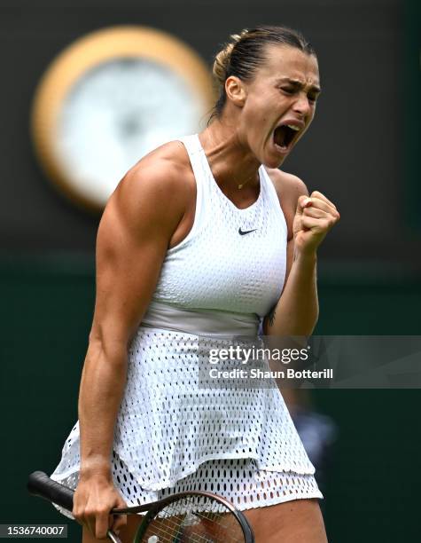 Aryna Sabalenka celebrates against Madison Keys of United States in the Women's Singles Quarter Final match during day ten of The Championships...