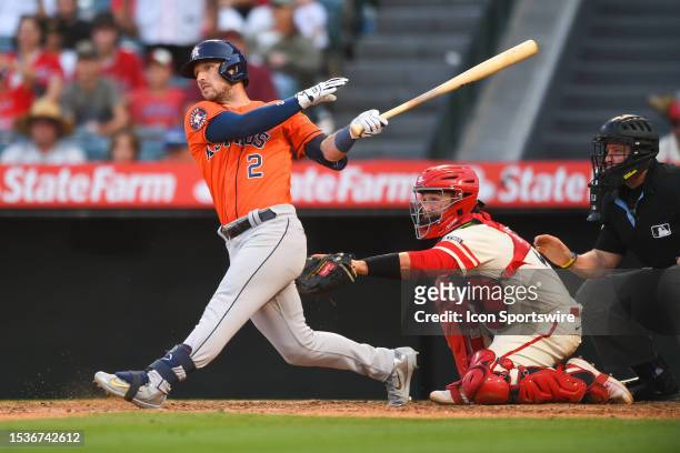 Houston Astros third baseman Alex Bregman hits a go ahead ninth inning home run during the MLB game between the Houston Astros and the Los Angeles...