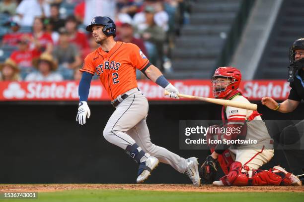 Houston Astros third baseman Alex Bregman hits a go ahead ninth inning home run during the MLB game between the Houston Astros and the Los Angeles...