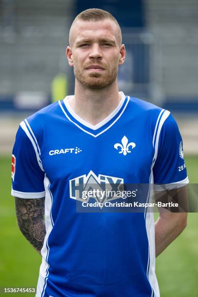 Thomas Isherwood of SV Darmstadt 98 poses during the team presentation at Merck - Stadion am Böllenfalltor on July 10, 2023 in Darmstadt, Germany.