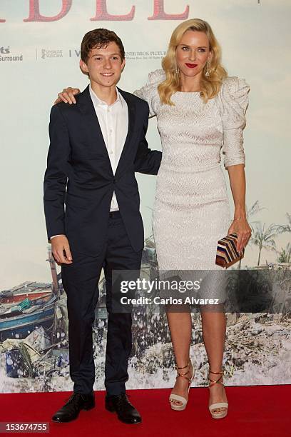 Actor Tom Holland and actress Naomi Watts attend the "The Impossible" premiere at Kinepolis cinema on October 8, 2012 in Madrid, Spain.