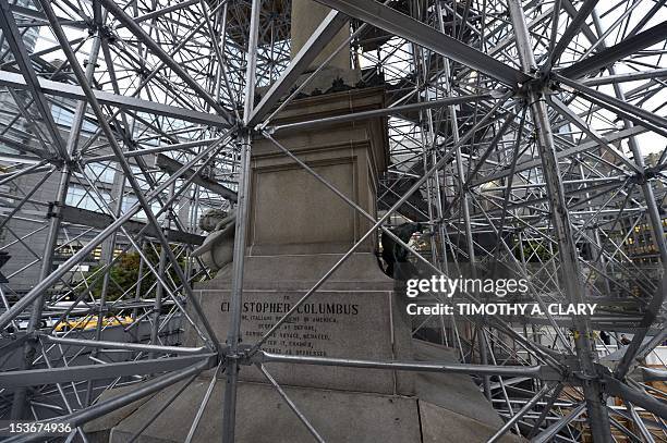 Scaffolding surrounds the base of the colossal 13-foot-tall statue of Christopher Columbus at Columbus Circle in New York on October 8, 2012 where...