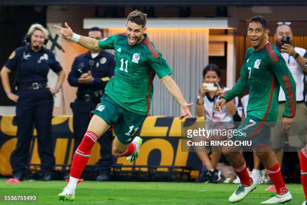 Mexico's forward Santiago Gimenez celebrates after scoring a goal during the Concacaf 2023 Gold Cup final football match between Mexico and Panama at...