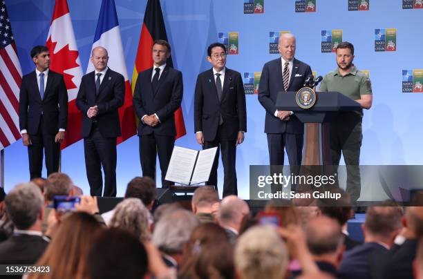 Ukrainian President Volodomyr Zelensky speaks at the announcement of the G7 nations' joint declaration for the support of Ukraine as British Prime...