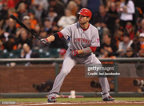 Joey Votto of the Cincinnati Reds bats during Game 2 of the NLDS against the San Francisco Giants at AT&T Park on Sunday, October 7, 2012 in San...