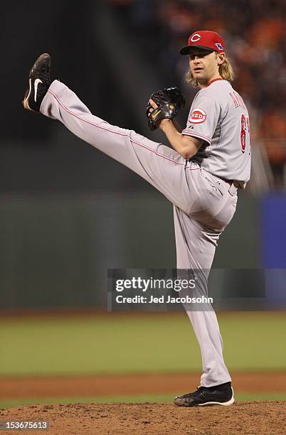 Bronson Arroyo of the Cincinnati Reds pitches during Game 2 of the NLDS against the San Francisco Giants at AT&T Park on Sunday, October 7, 2012 in...