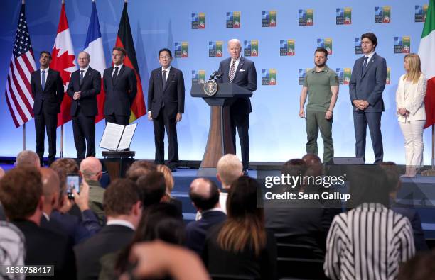 President Joe Biden speaks to announce the G7 nations' joint declaration for the support of Ukraine as British Prime Minister Rishi Sunak, German...