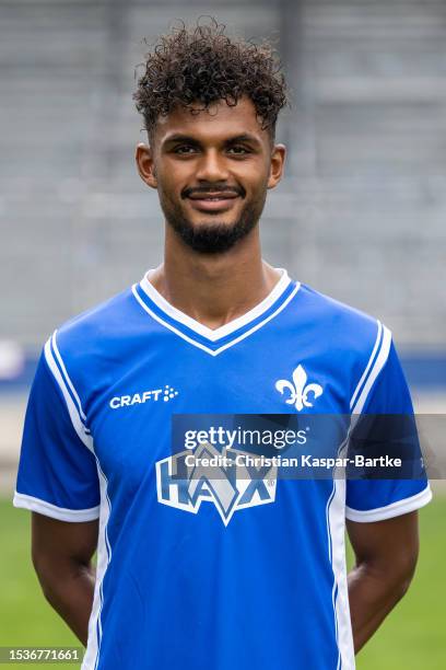 Aaron Seydel of SV Darmstadt 98 poses during the team presentation at Merck - Stadion am Böllenfalltor on July 10, 2023 in Darmstadt, Germany.