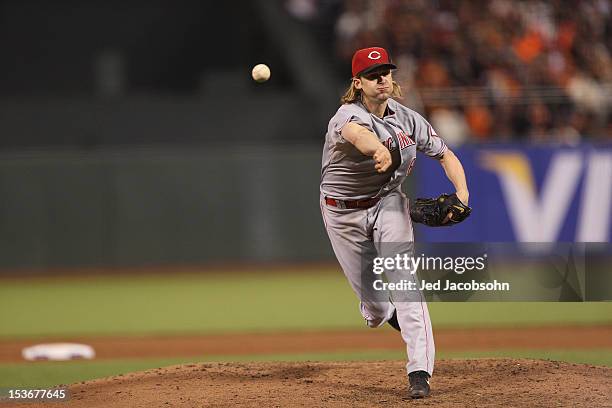 Bronson Arroyo of the Cincinnati Reds pitches during Game 2 of the NLDS against the San Francisco Giants at AT&T Park on Sunday, October 7, 2012 in...