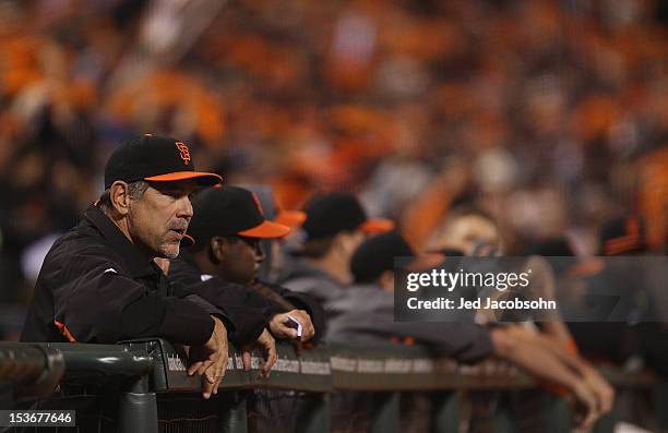 Manager Bruce Bochy of the San Francisco Giants looks on during Game 2 of the NLDS against the Cincinnati Reds at AT&T Park on Sunday, October 7,...