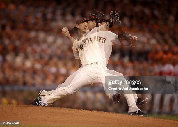 Tim Lincecum of the San Francisco Giants pitches during Game 2 of the NLDS against the Cincinnati Reds at AT&T Park on Sunday, October 7, 2012 in San...