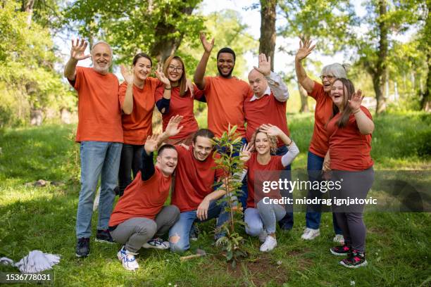 volunteers waving to camera after planting a tree in a forest - make a difference day stock pictures, royalty-free photos & images