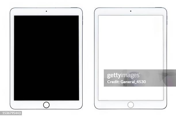 white tablet computer blank and white screen studio shot isolated on over white background. - laptop and iphone mockup stock pictures, royalty-free photos & images