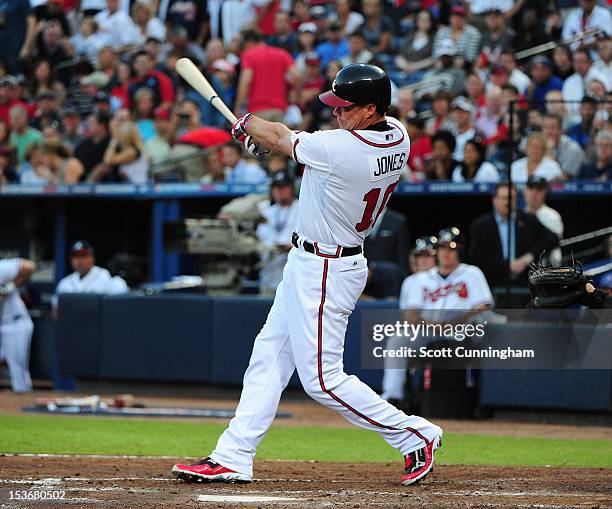 Chipper Jones of the Atlanta Braves hits against the St. Louis Cardinals during the National League Wild Card Game at Turner Field on October 5, 2012...