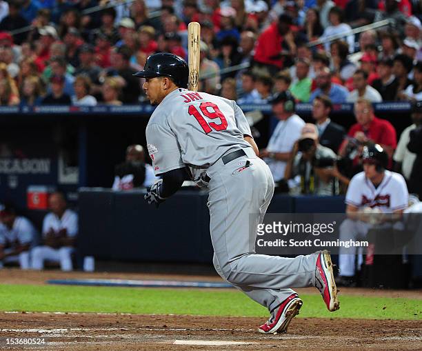 Jon Jay of the St. Louis Cardinals hits against the Atlanta Braves during the National League Wild Card Game at Turner Field on October 5, 2012 in...