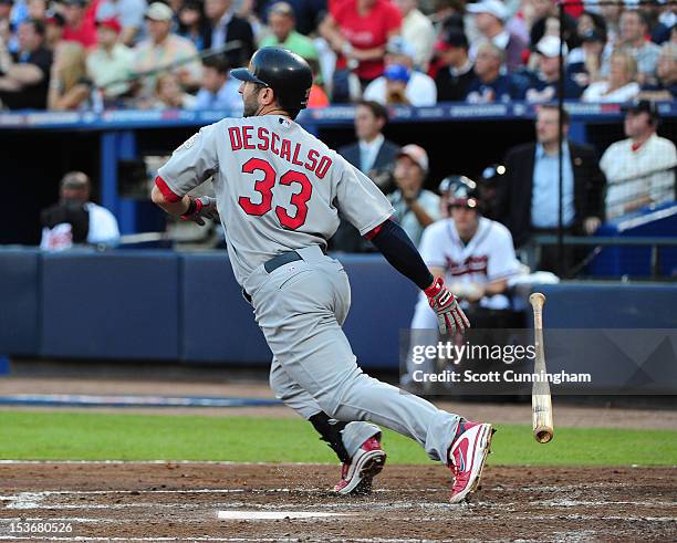 Daniel Descalso of the St. Louis Cardinals hits against the Atlanta Braves during the National League Wild Card Game at Turner Field on October 5,...