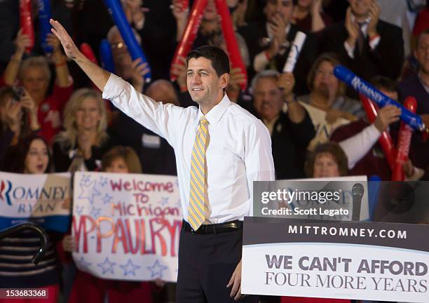 Congressman Paul Ryan attends the Congressman Paul Ryan Rally With Kid Rock at Oakland University Athletic Center on October 8, 2012 in Rochester,...