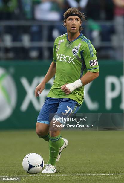 Jeff Parke of the Seattle Sounders FC controls the ball against the Portland Timbers at CenturyLink Field on October 7, 2012 in Seattle, Washington.