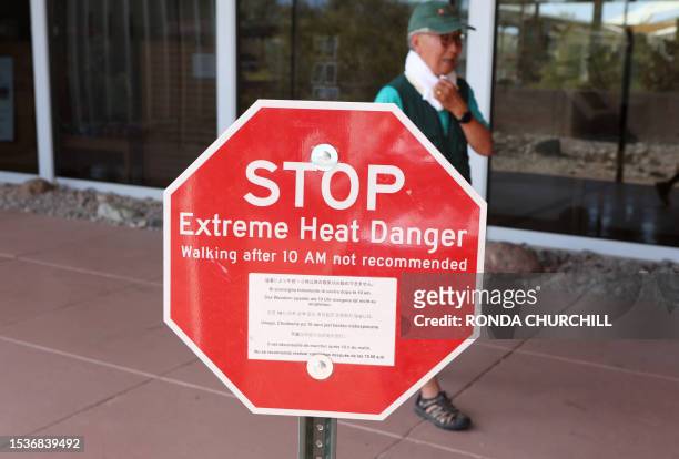 Heat advisory sign is shown at Furnace Creek Visitor Center during a heat wave in Death Valley National Park in Death Valley, California, on July 16,...