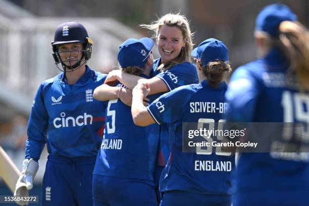 Lauren Bell of England celebrates dismissing Annabel Sutherland of Austrlia during the Women's Ashes 1st We Got Game ODI match between England and...