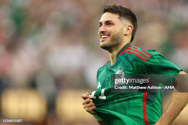 Santiago Gimenez of Mexico celebrates after scoring a goal to make it 1-0 during the Concacaf Gold Cup final match between Mexico and Panama at SoFi...