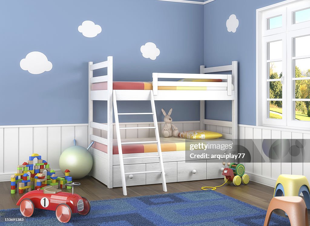 Children's bedroom with white bunk beds
