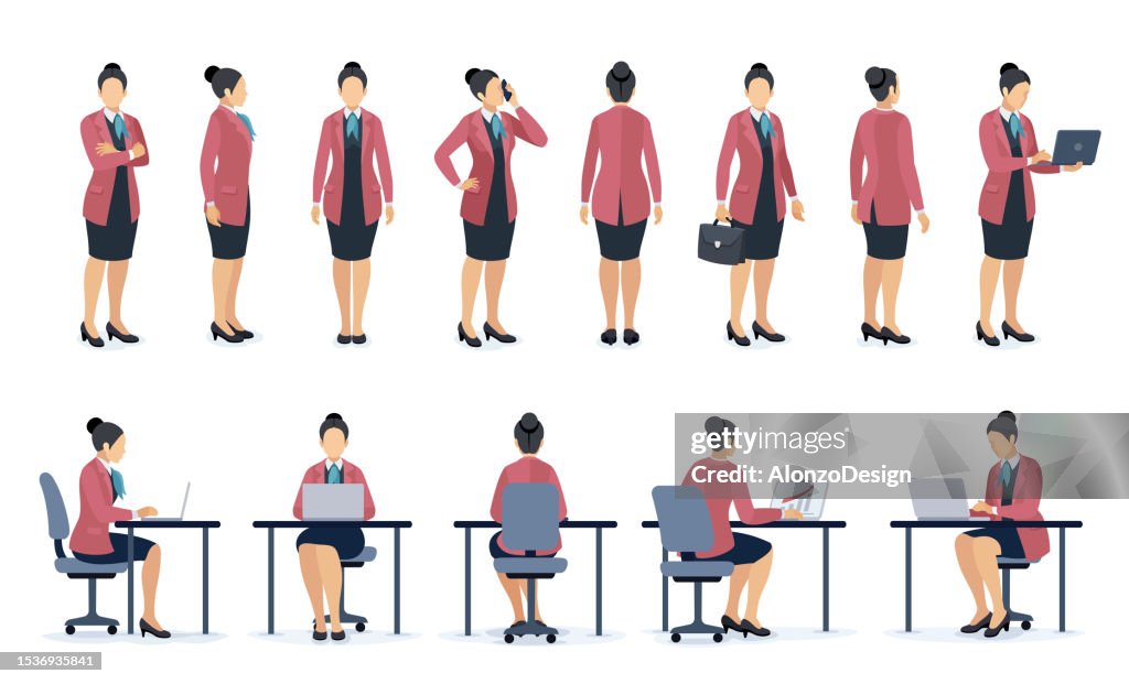 Ensemble de poses de personnage de femme d’affaires. Vue de face et arrière de la femme employée de bureau. Ensemble de conception de personnages de femme d’affaires. Différentes poses de conception.