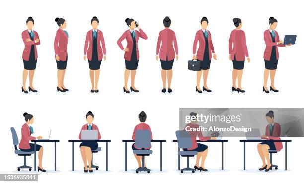 ilustrações de stock, clip art, desenhos animados e ícones de businesswoman character poses set. front side and back view of office worker woman. set of businesswoman character design. different poses design. - business woman desk stand