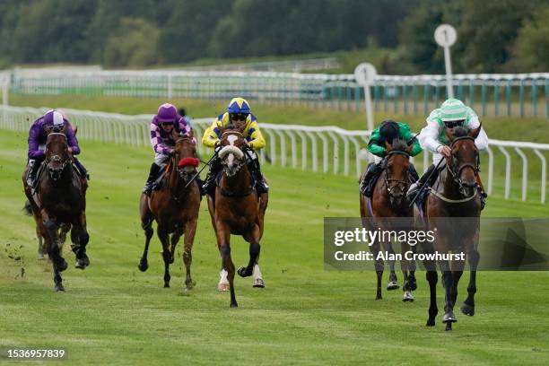 Charles Bishop riding The Good Biscuit win The In Memory Of Sir Ian Pamphilon Restricted Novice Stakes at Lingfield Park Racecourse on July 12, 2023...