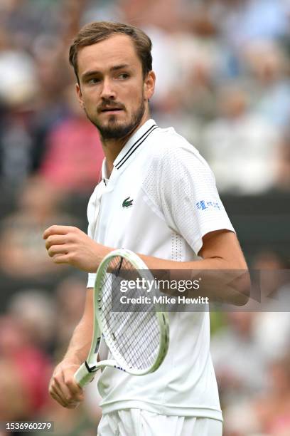 Daniil Medvedev reacts against Christopher Eubanks of United States in the Men's Singles Quarter Final match during day ten of The Championships...