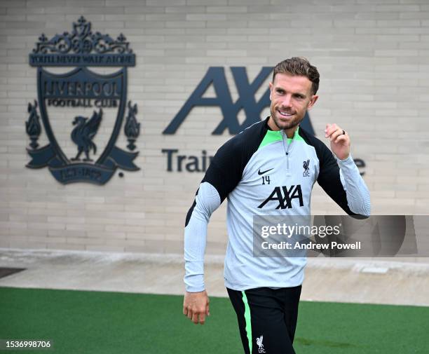 Jordan Henderson captain of Liverpool during a training session at AXA Training Centre on July 12, 2023 in Kirkby, England.