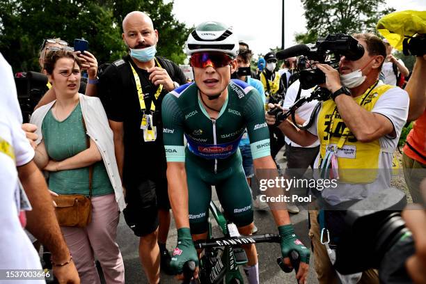 Stage winner Jasper Philipsen of Belgium and Team Alpecin-Deceuninck - Green Points Jersey reacts after the stage eleven of the 110th Tour de France...