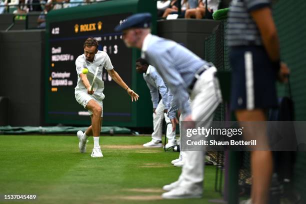 Daniil Medvedev plays a backhand close to the line judges against Christopher Eubanks of United States in the Men's Singles Quarter Final match...