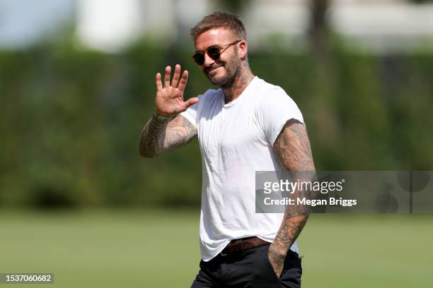 Co-Owner David Beckham of Inter Miami CF looks on during a training session at DRV PNK Stadium on July 12, 2023 in Fort Lauderdale, Florida.