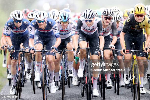 Remi Cavagna of France, Fabio Jakobsen of The Netherlands and Team Soudal - Quick Step and Mikkel Bjerg of Denmark and UAE Team Emirates compete...