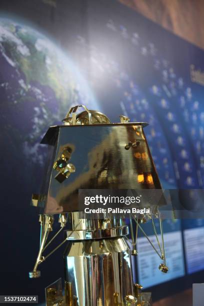 Images of the India's moon lander seen on July 7, 2023 at Bengaluru, India. India will launch a mission to the moon named Chandrayaan-3 or Vehicle to...