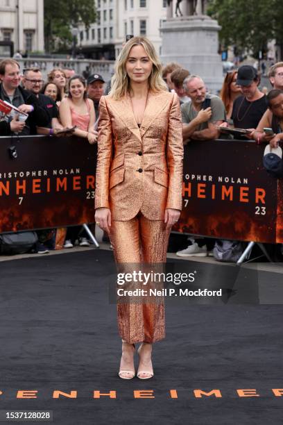 Emily Blunt attends the London Photocall for Universal Pictures' "Oppenheimer" at Trafalgar Square on July 12, 2023 in London, England.