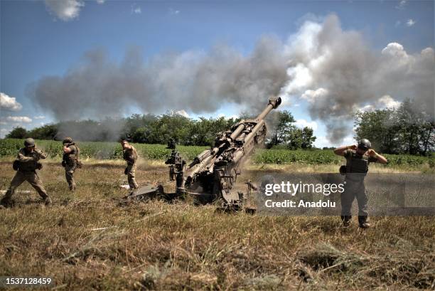 An air cannon is fired as Ukrainian artillery division supports soldiers in a counteroffensive on the Zaporizhzhya frontline with M777 in...